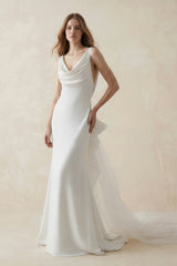Mermaid Crepe Cowl Neck Wedding Dress with Train in White - KISS BRIDAL Wedding Dresses