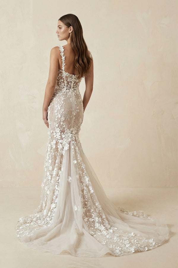 Mermaid Floral Lace Wedding Dress with Spaghetti Straps - SHE IS ME Wedding Dresses