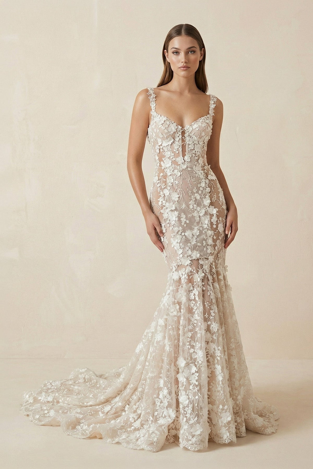 Mermaid Floral Lace Wedding Dress with Spaghetti Straps - SHE IS ME Wedding Dresses
