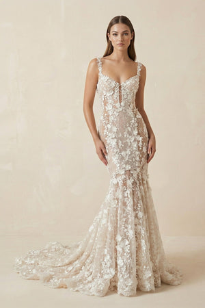 Mermaid Floral Lace Wedding Dress with Spaghetti Straps - SHE IS ME Wedding Dresses