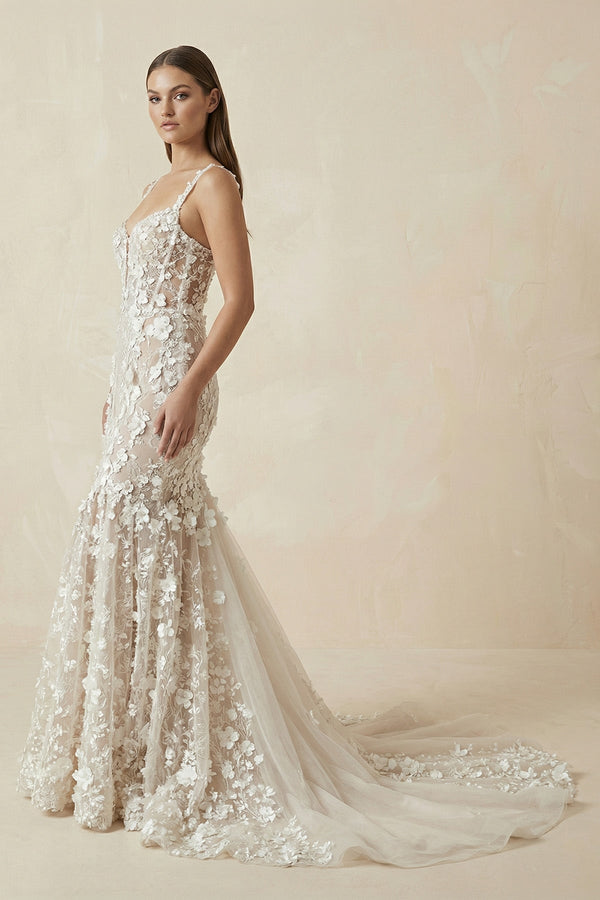 Mermaid Floral Lace Wedding Dress with Spaghetti Straps - SHE IS ME Wedding Dresses
