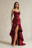 Mermaid High - Low Satin Ruffled Long Prom Dress in Burgundy - KISS BRIDAL Prom Dresses