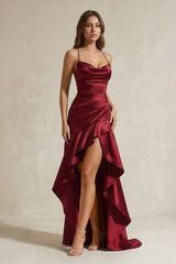 Mermaid High - Low Satin Ruffled Long Prom Dress in Burgundy - KISS BRIDAL Prom Dresses
