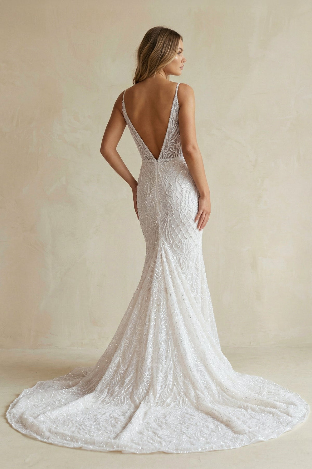 Mermaid Lace Deep V Long Wedding Dress in Ivory - SHE IS ME Wedding Dresses