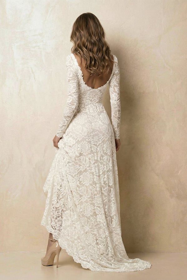 Vintage Floral Boho Lace Wedding Dress with Sleeves Boat Neck Wedding Dress in White and Nude - KISSBRIDAL