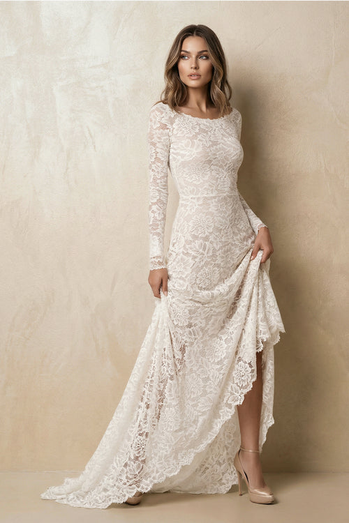 Vintage Floral Boho Lace Wedding Dress with Sleeves Boat Neck Wedding Dress in White and Nude - KISSBRIDAL