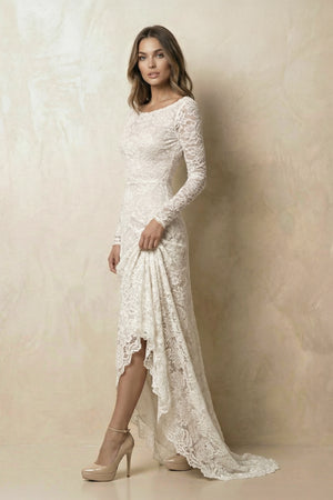 Vintage Floral Boho Lace Wedding Dress with Sleeves Boat Neck Wedding Dress in White and Nude - KISSBRIDAL