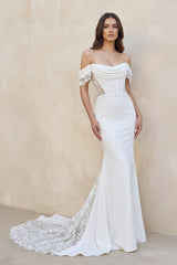 Mermaid Lace Off The Shoulder Wedding Dress in White - KISS BRIDAL Wedding Dresses