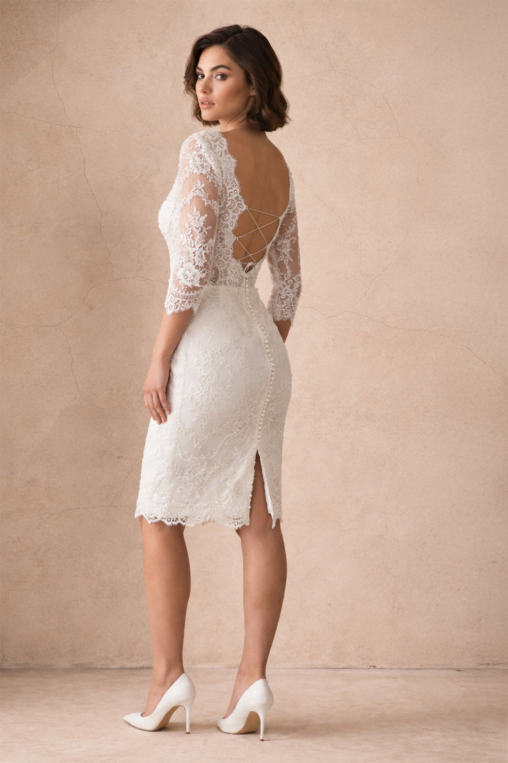 Sheath Lace Sweetheart Midi Wedding Dress in Diamond White