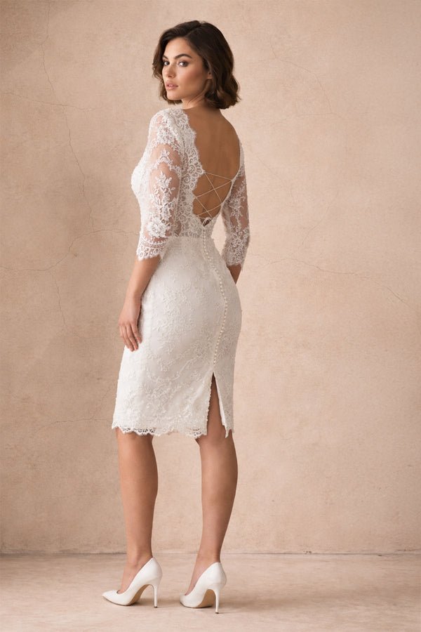 Mermaid Lace Sweetheart 3/4 Length Sleeve Wedding Dress in Diamond White - KISS BRIDAL Wedding Dresses