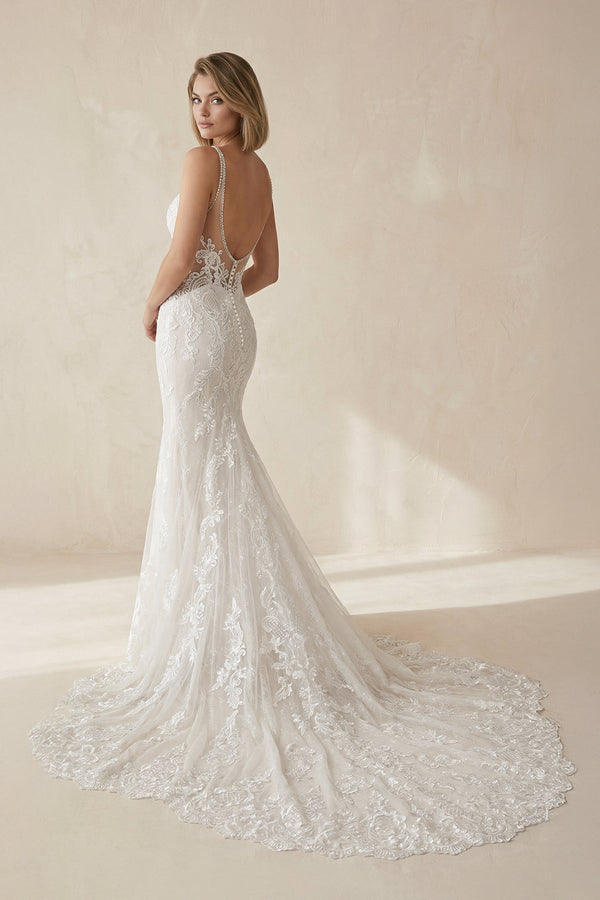 Mermaid Lace V Neck Wedding Dress in Ivory - SHE IS ME Wedding Dresses
