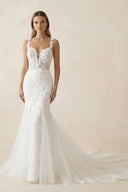 Mermaid Lace V Neck Wedding Dress in White - SHE IS ME Wedding Dresses
