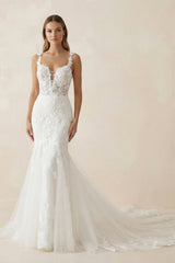 Mermaid Lace V Neck Wedding Dress in White - KISS BRIDAL Wedding Dresses