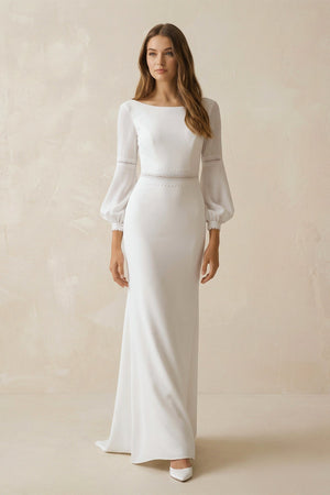 Mermaid Long Sleeves Chiffon Wedding Dress With Appliques in White - SHE IS ME Wedding Dresses