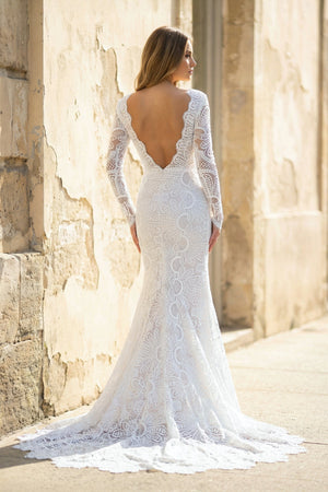 Mermaid Long Sleeves Lace Wedding Dress With Slit in White - SHE IS ME Wedding Dresses