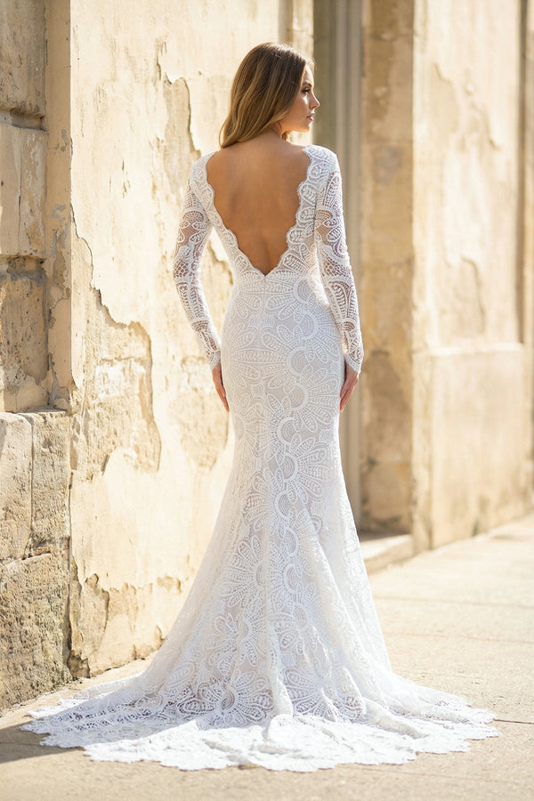Mermaid Long Sleeves Lace Wedding Dress With Slit in White - SHE IS ME Wedding Dresses