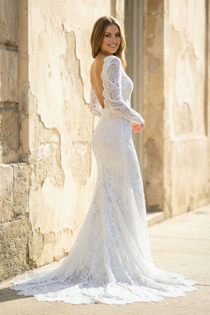 Mermaid Long Sleeves Lace Wedding Dress With Slit in White - SHE IS ME Wedding Dresses