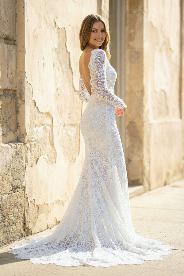 Mermaid Long Sleeves Lace Wedding Dress With Slit in White - SHE IS ME Wedding Dresses