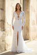 Mermaid Long Sleeves Lace Wedding Dress With Slit in White - SHE IS ME Wedding Dresses