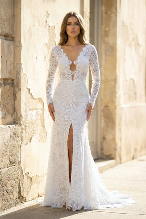 Mermaid Long Sleeves Lace Wedding Dress With Slit in White - SHE IS ME Wedding Dresses