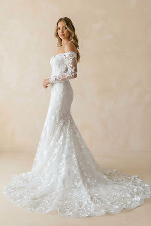 Mermaid Long Sleeves Off The Shoulder Lace Wedding Dress in White - SHE IS ME Wedding Dresses