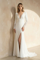 Mermaid Long Sleeves Satin Wedding Dress With Slit - KISS BRIDAL Wedding Dresses