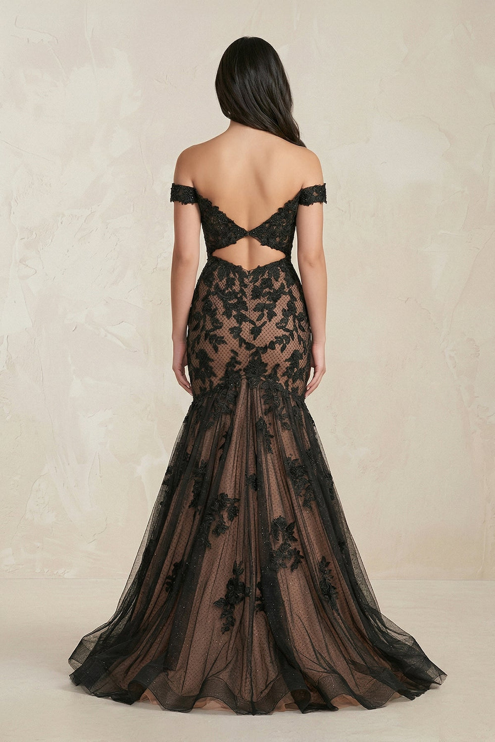 Mermaid Off - the - Shoulder Appliqued Beaded Wedding Dress in Black - KISS BRIDAL Wedding Dresses