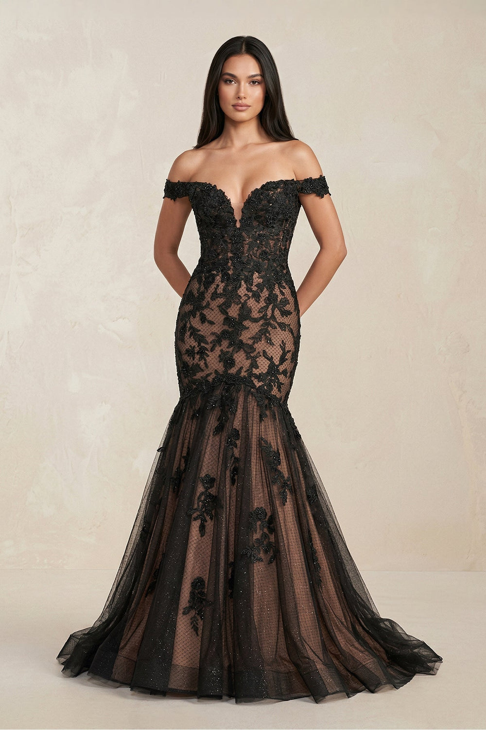 Mermaid Off - the - Shoulder Appliqued Beaded Wedding Dress in Black - KISS BRIDAL Wedding Dresses