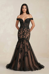 Mermaid Off - the - Shoulder Appliqued Beaded Wedding Dress in Black - KISS BRIDAL Wedding Dresses