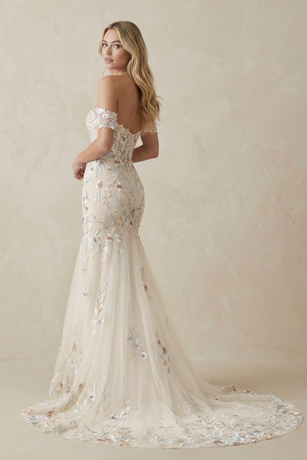 Mermaid Off The Shoulder Floral Tulle Wedding Dress in Champagne - SHE IS ME Wedding Dresses