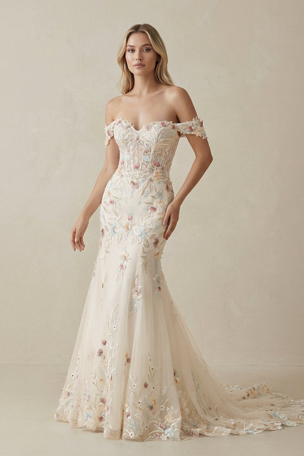 Mermaid Off The Shoulder Floral Tulle Wedding Dress in Champagne - SHE IS ME Wedding Dresses