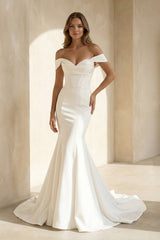 Mermaid Off - the - Shoulder Satin Wedding Dress - KISS BRIDAL Wedding Dresses