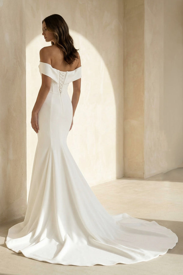 Mermaid Off - the - Shoulder Satin Wedding Dress - KISS BRIDAL Wedding Dresses