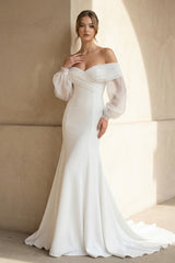 Mermaid Off The Shoulder Satin Wedding Dress in White - KISS BRIDAL Wedding Dresses