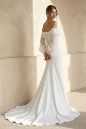 Mermaid Off The Shoulder Satin Wedding Dress in White - KISS BRIDAL Wedding Dresses