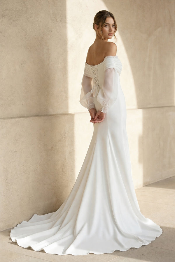 Mermaid Off The Shoulder Satin Wedding Dress in White - KISS BRIDAL Wedding Dresses