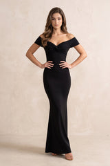 Mermaid Off-the-Shoulder Stretch Satin Pleated Maxi Dress in Black – KISS BRIDAL Dresses
