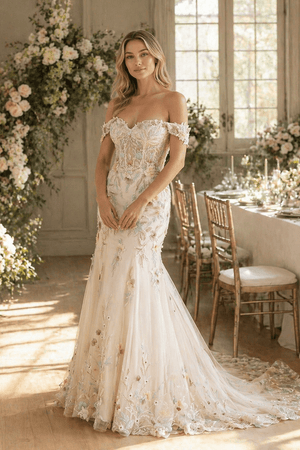 Mermaid Off The Shoulder Tulle Wedding Dress in Champagne - SHE IS ME Wedding Dresses