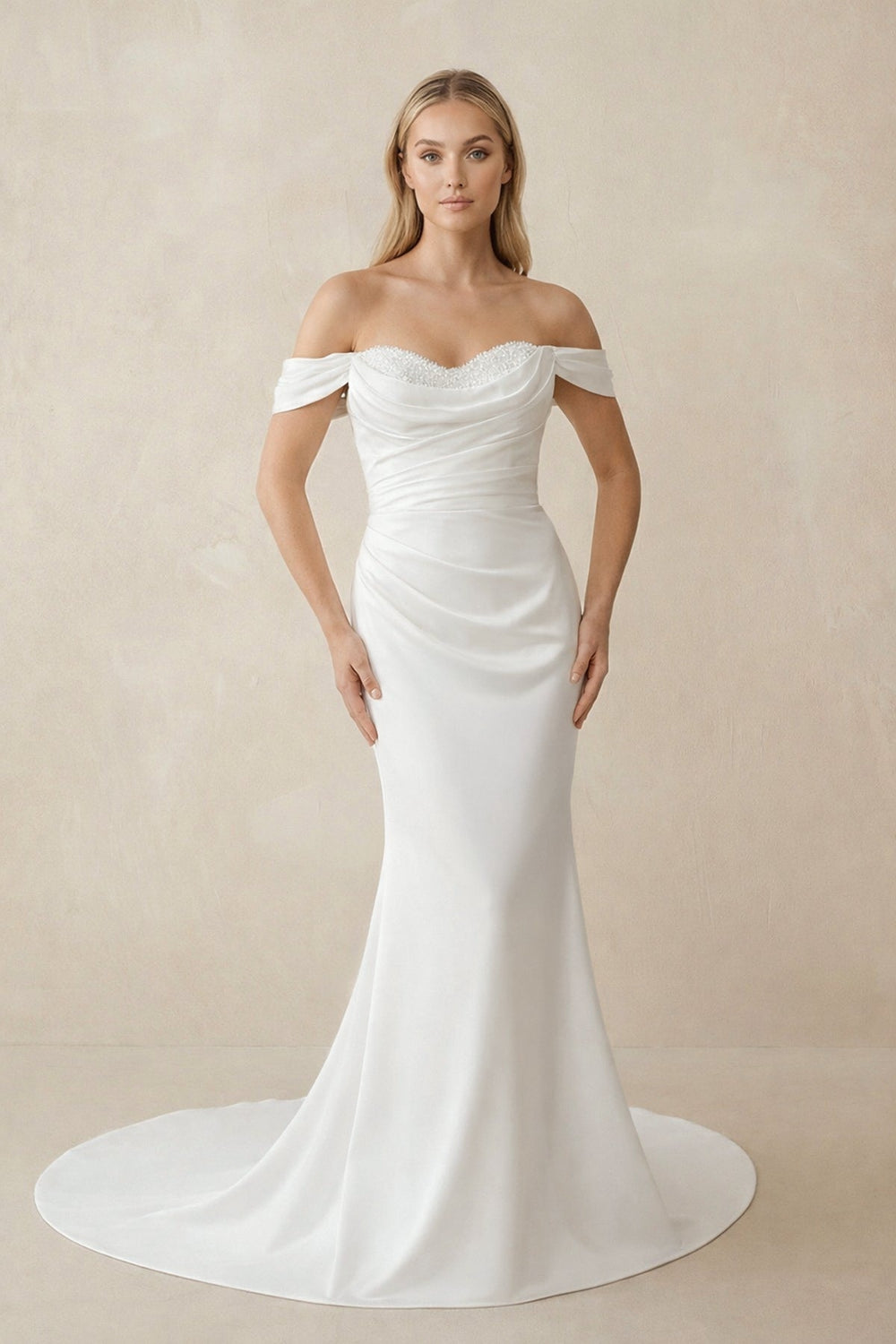 Mermaid Pearls Off - the - Shoulder Wedding Dress in White - SHE IS ME Wedding Dresses