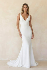 Mermaid Satin Backless Sweep Train Wedding Dress in White - KISS BRIDAL Wedding Dresses