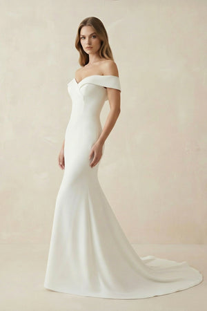Mermaid Satin Off The Shoulder Wedding Dress in White - KISS BRIDAL Wedding Dresses