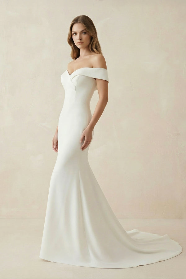 Mermaid Satin Off The Shoulder Wedding Dress in White - KISS BRIDAL Wedding Dresses