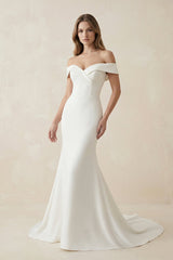 Mermaid Satin Off The Shoulder Wedding Dress in White - KISS BRIDAL Wedding Dresses