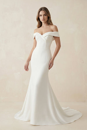 Mermaid Satin Off The Shoulder Wedding Dress in White - KISS BRIDAL Wedding Dresses