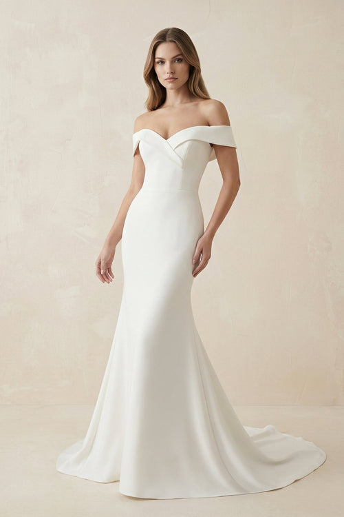 Mermaid Satin Off The Shoulder Wedding Dress in White - KISS BRIDAL Wedding Dresses