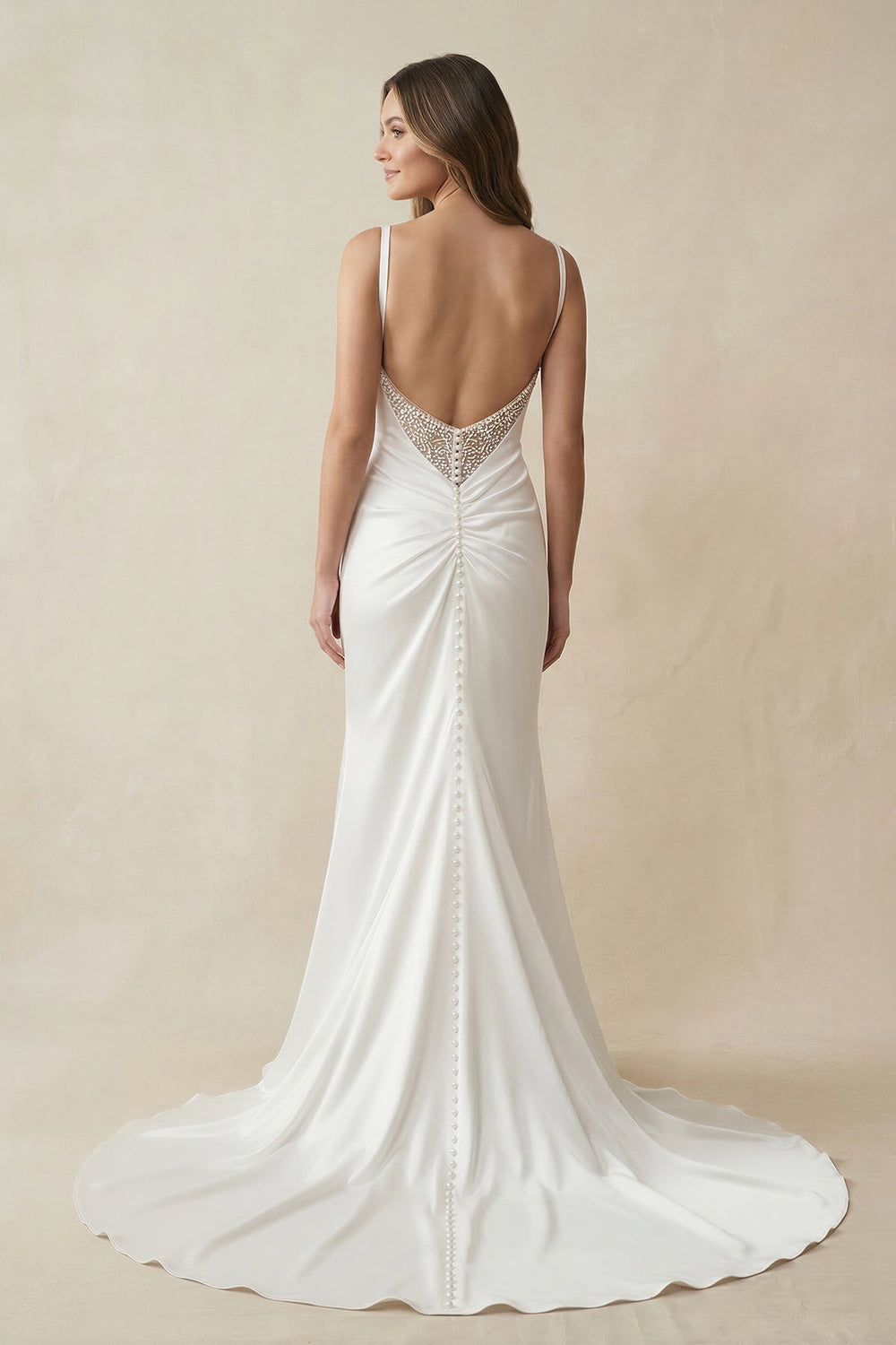Mermaid Satin Ruched Cowl Neck Wedding Dress with Slit in White - KISS BRIDAL Wedding Dresses