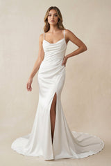 Mermaid Satin Ruched Cowl Neck Wedding Dress with Slit in White - KISS BRIDAL Wedding Dresses