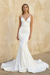 Mermaid Satin Sleeveless Wedding Dresses in White - KISS BRIDAL Wedding Dresses