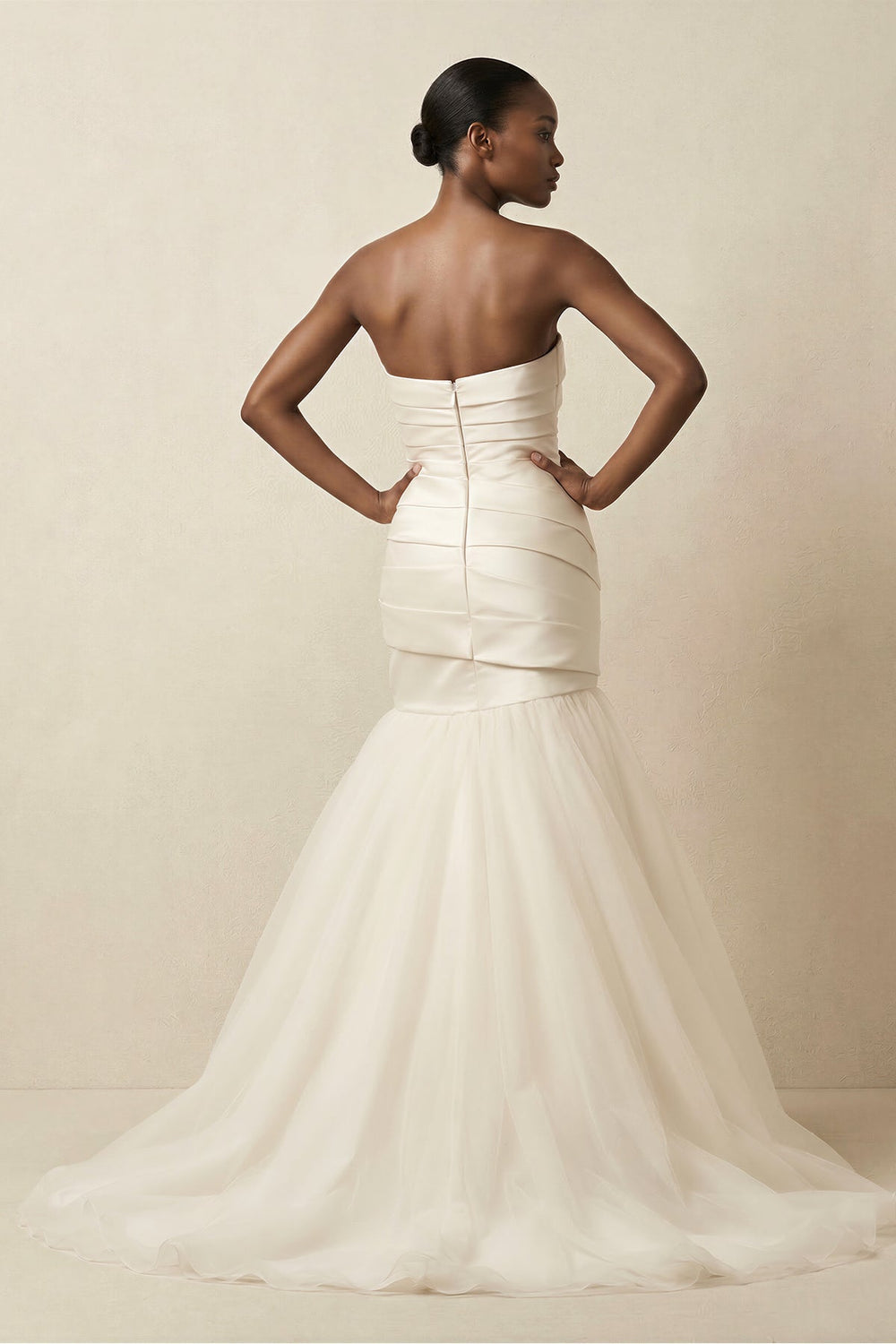 Mermaid Satin Strapless Pleated Wedding Dress in White - KISS BRIDAL Wedding Dresses