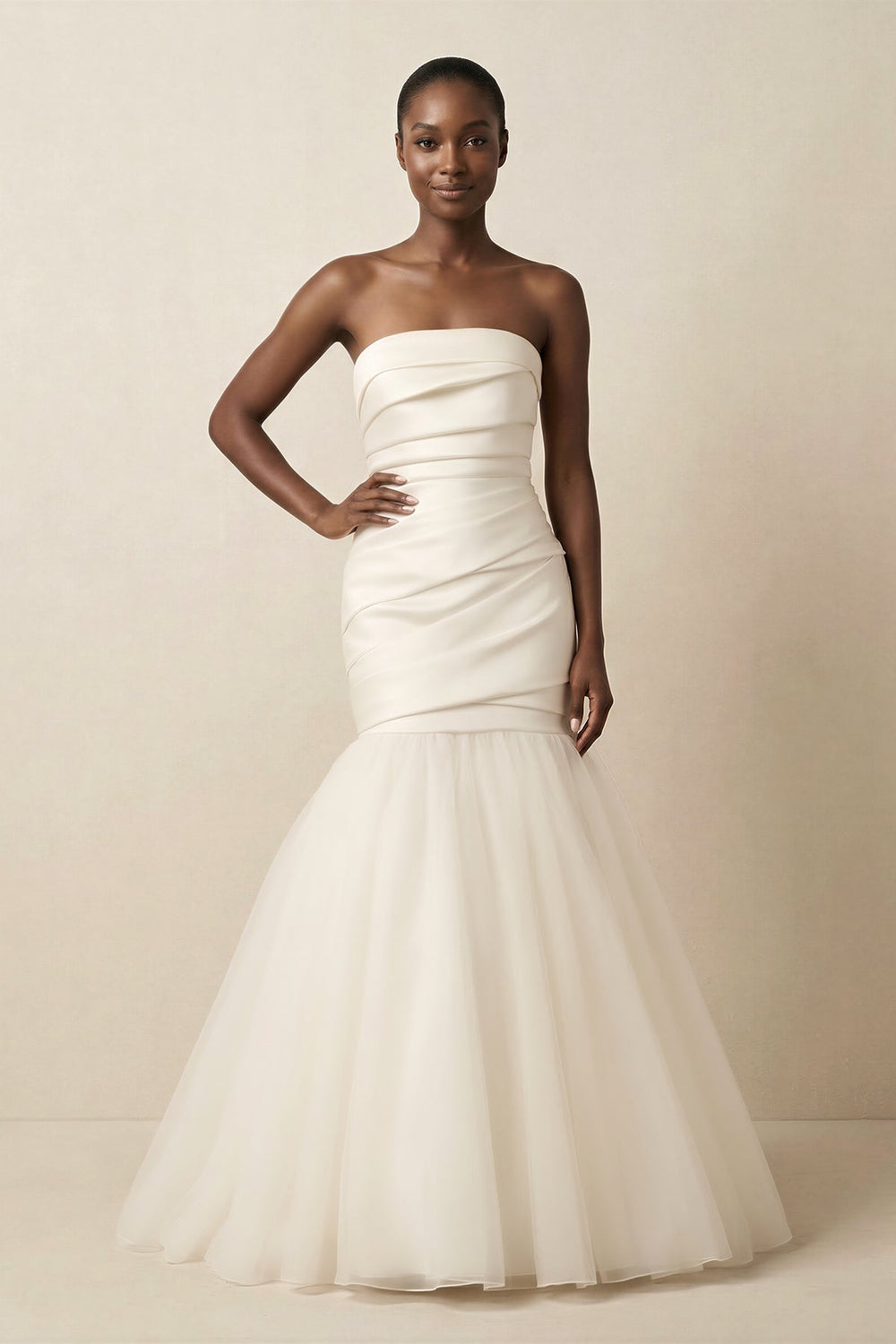 Mermaid Satin Strapless Pleated Wedding Dress in White - KISS BRIDAL Wedding Dresses